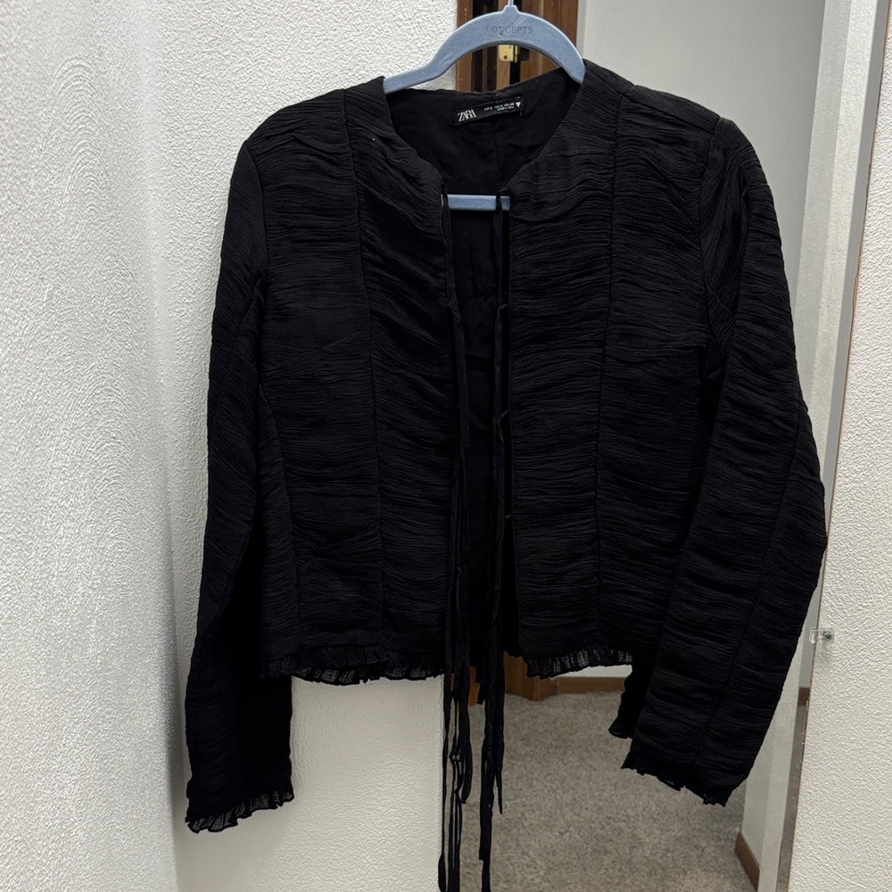 Zara Black Textured Open-Front Blazer with Tie Detail